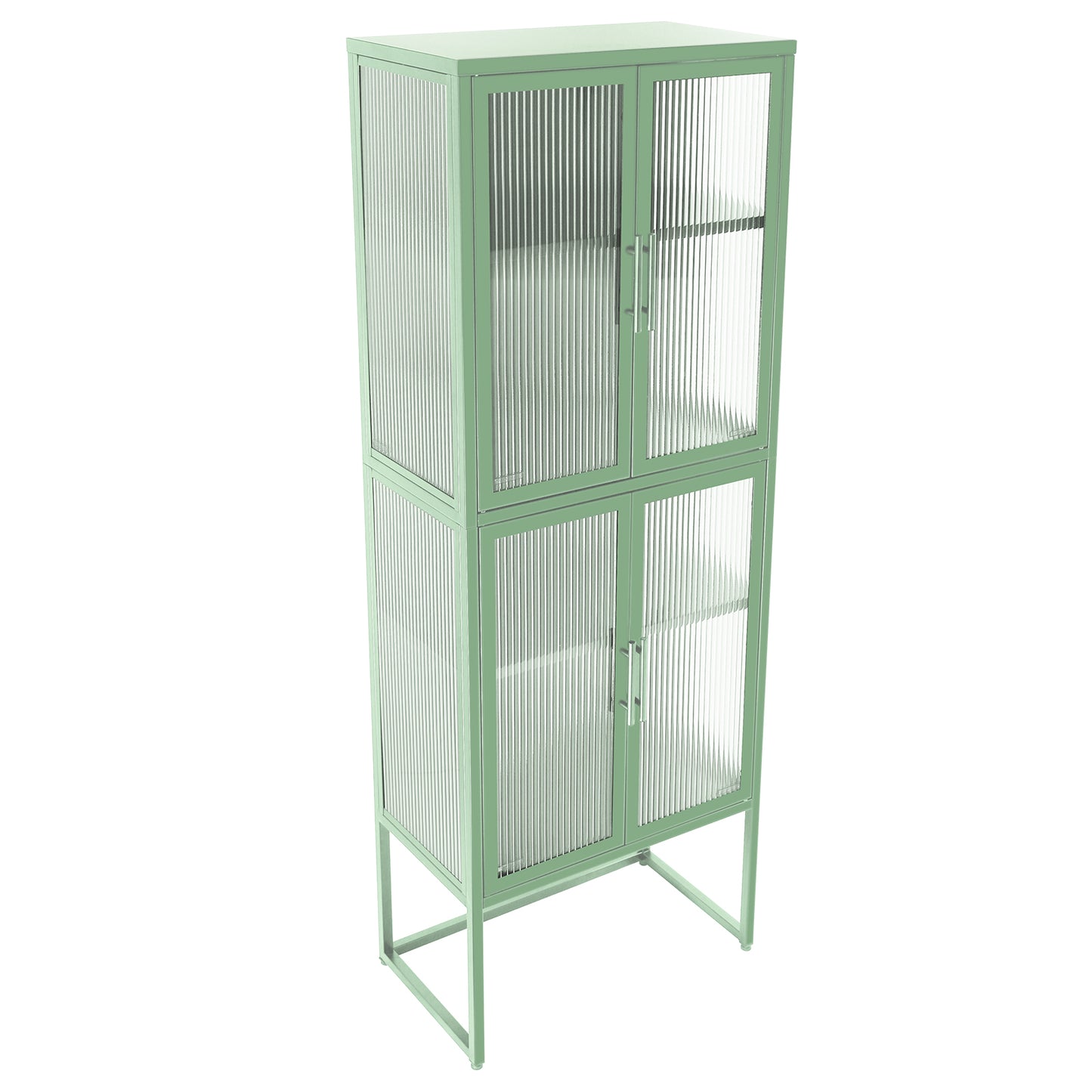 Stylish 4-Door Tempered Glass Cabinet with 4 Glass Doors Adjustable Shelves U-Shaped Leg Anti-Tip Dust-free Fluted Glass Kitchen Credenza Light Green