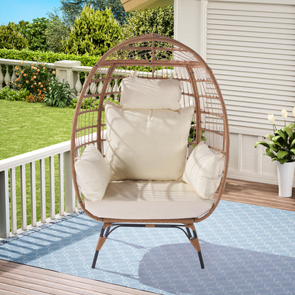 Wicker Egg Chair, Oversized Indoor Outdoor Lounger for Patio, Backyard, Living Room w/ 5 Cushions, Steel Frame, - Beige