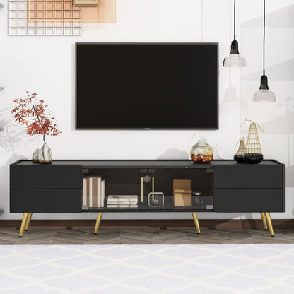 U-Can Modern TV Stand with LED lights for TVs up to 80 Inches, Entertainment Center with 4 Drawers and 1 Cabinet with Brown Glass Door, Media Console with Metal Legs and Handles for Living room