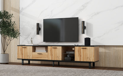 Modern TV Stand with 4 Cabinets& Open Shelves, Color-matching Media Console Table for TVs up to 80'', Entertainment Center with Drop Down Door for Living Room, Bedroom, Home Theatre