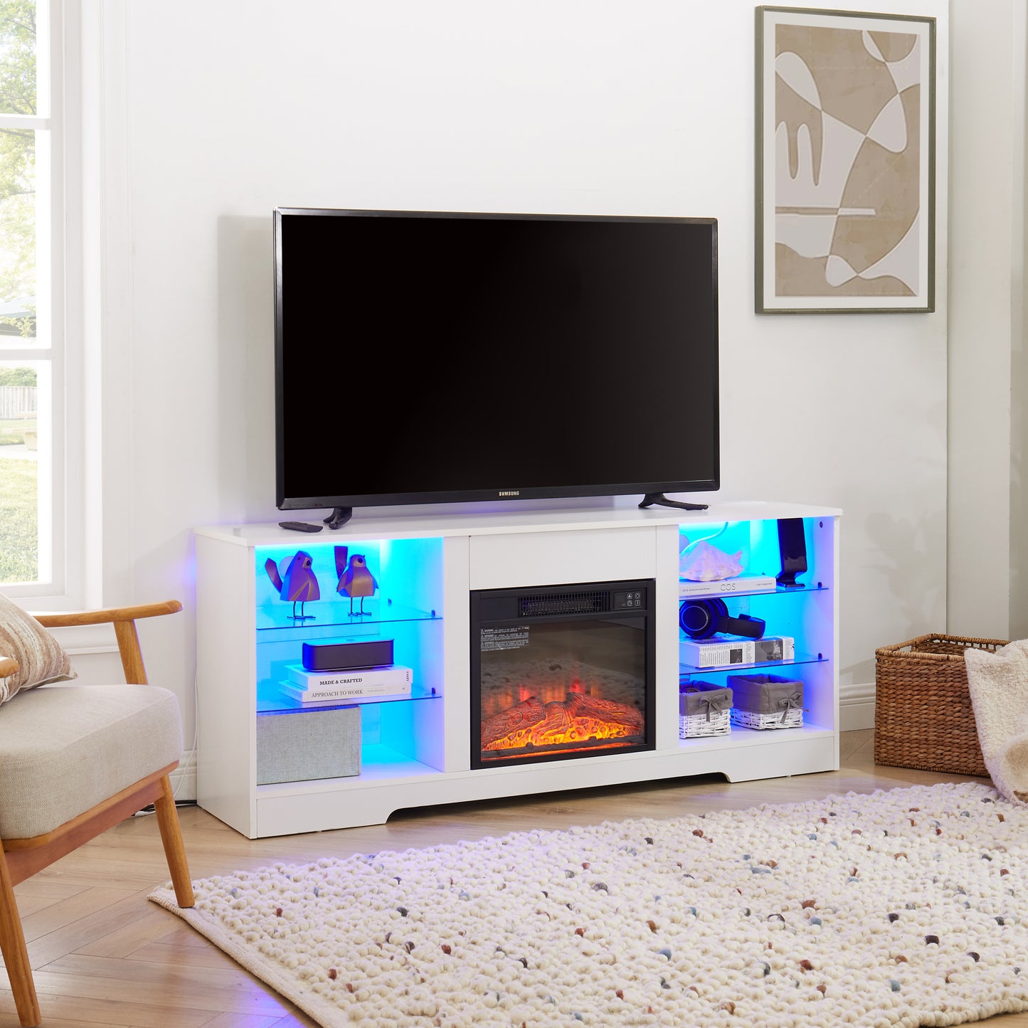 TV Stand Electric Fireplace  Glass Shelves, 3D Fireplace TV Stand with LED Lights Wood with USB Charging Outlet Modern Television Table Center for TV up to 62" White, 58''W*15.5''D*24.4