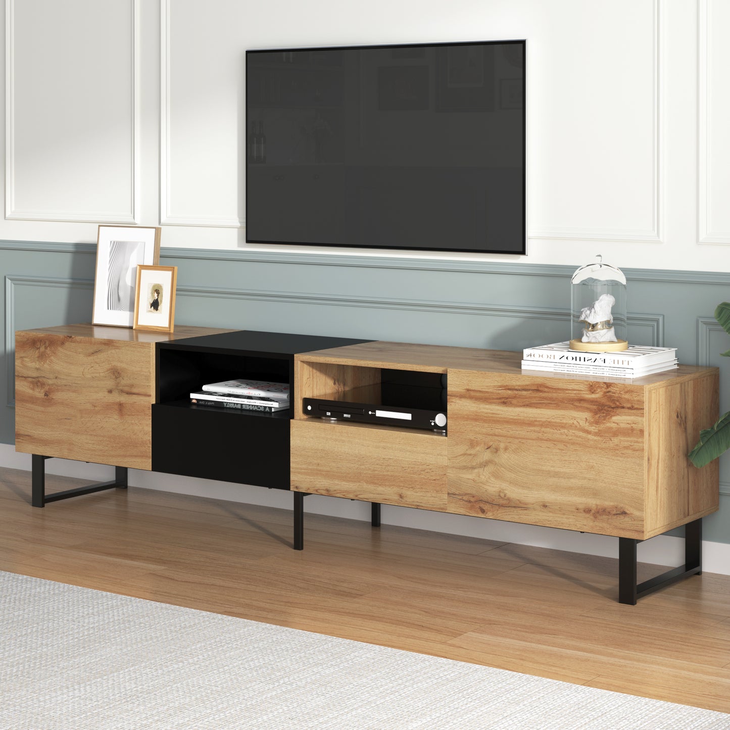 Modern TV Stand with 2 Cabinets& Open Storage Compartment, Color-matching Media Console Table for TVs up to 85'', Entertainment Center with Drop Down Door for Living Room, Bedroom, Home Theatre