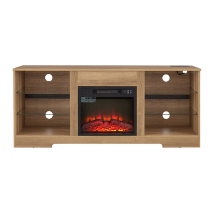 TV Stand Electric Fireplace  Glass Shelves, 3D Fireplace TV Stand with LED Lights Wood with USB Charging Outlet Modern Television Table Center for TV up to 62" OAK 58''W*15.5''D*24.4