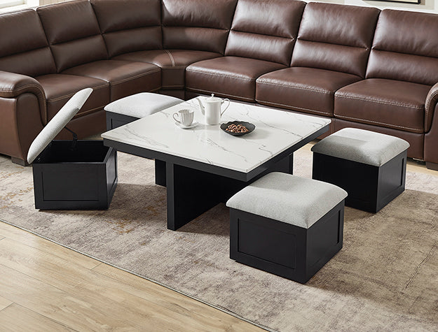 White Marble and Black Coffee Table with Four Storage Ottomans