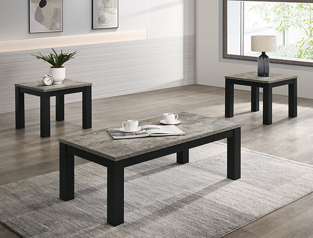 Two Tone Black and Faux Concrete Coffee Table and Two End Tables