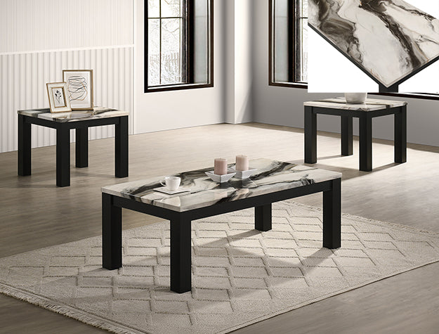 Two Tone Black and Faux Brown Marble Coffee Table and Two End Tables