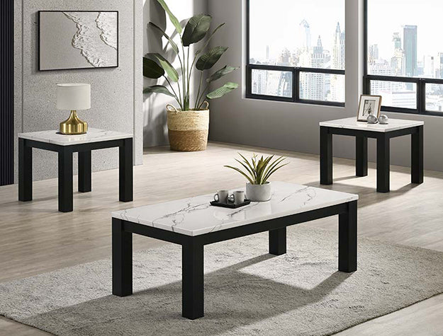 Two Tone Black and Faux White Marble Coffee Table and Two End Tables