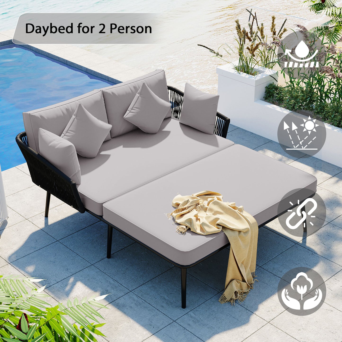 Outdoor Patio Daybed, Woven Nylon Rope Backrest with Washable Cushions for Balcony, Poolside, Set for 2 Person, Gray