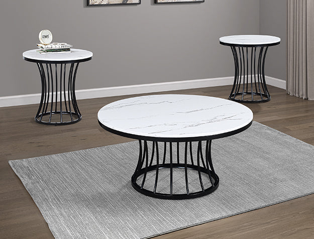 Modern Marble and Black Cage Coffee Table and Two End Tables