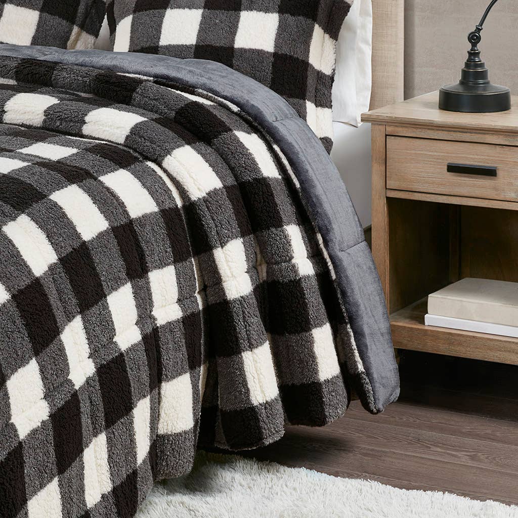 Sherpa Black & White Buffalo Check 3-Piece King Size Comforter Set