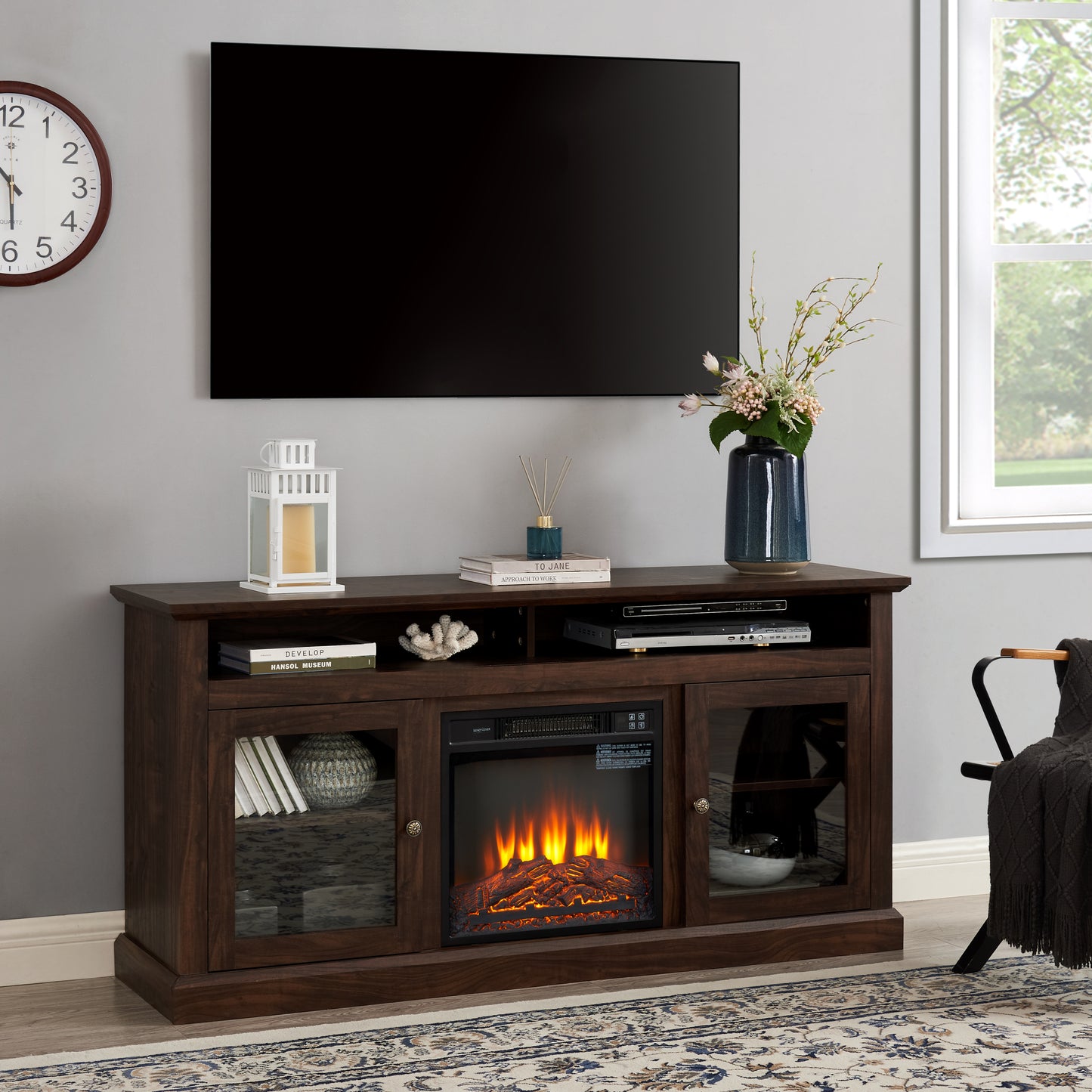 TV Stand for 65 inch TV, Entertainment Center with 18" Fireplace Insert TV Console Cabinet for Living Room/Bedroom Brown, 60"W*15.75"D*29"H