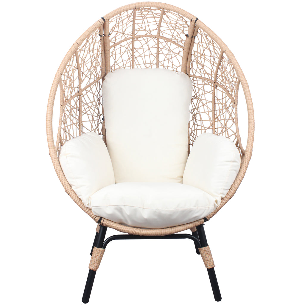 3 Pieces Patio Egg Chairs (Model 3) with Side Table Set,Natural Color PE Rattan and Beige Cushion