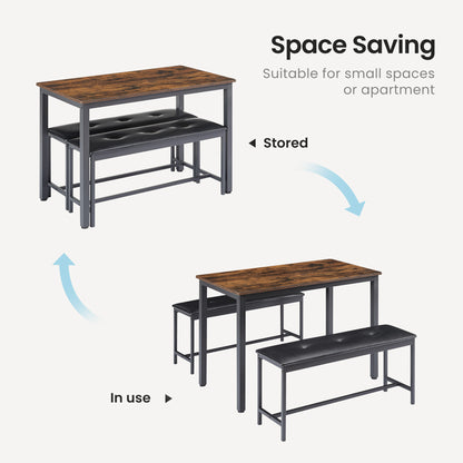 Dining Table Set, Barstool Dining Table (with 2 PU Upholstered Benches), Industrial Style Dining Table and Chairs for Kitchen, Living Room, Party Room, Rustic Brown,43.3″L x 23.6″W x 29.9″H