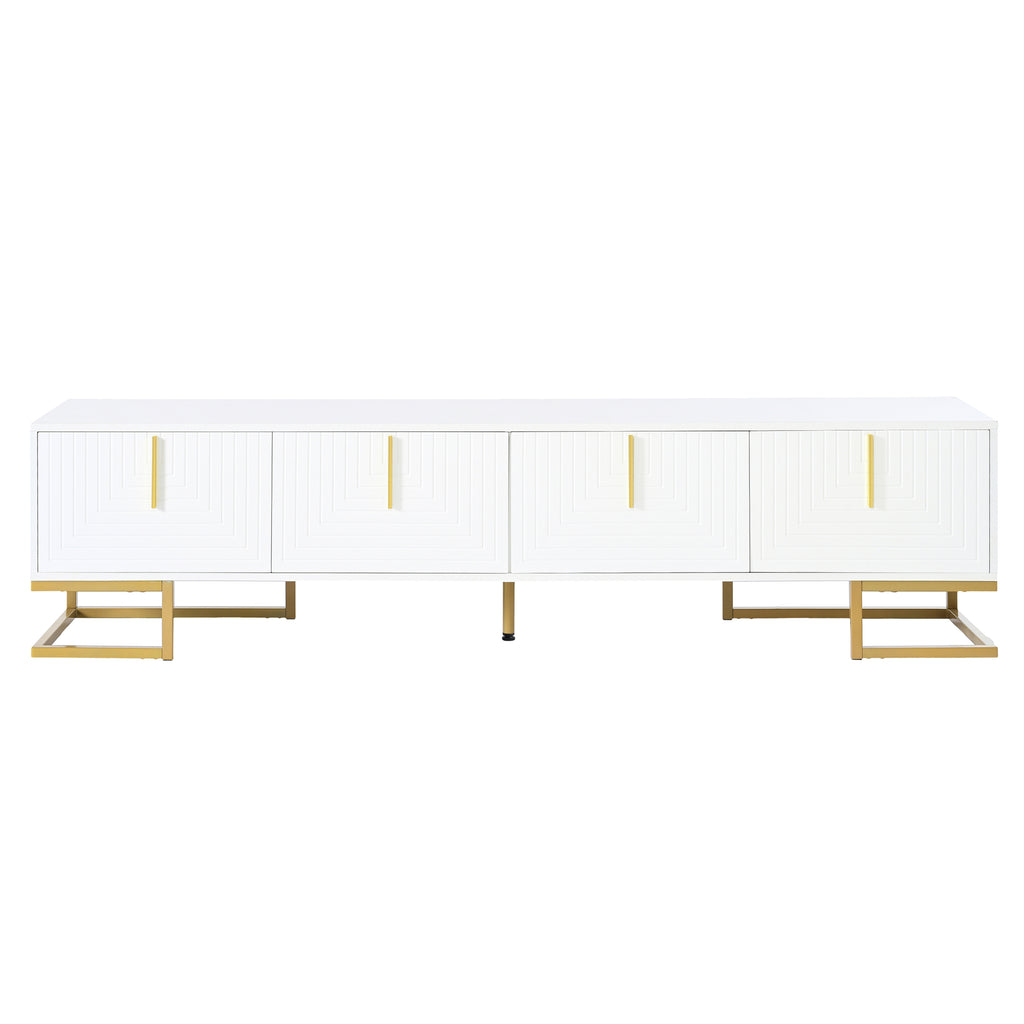 ON-TREND Modern TV Stand with Metal Legs and Gold Handles for TVs Up to 80'', Media Console Table with Cabinets and Adjustable Shelves, Luxury TV Cabinet with Geometric Lines for Living Room, White