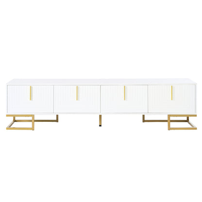 ON-TREND Modern TV Stand with Metal Legs and Gold Handles for TVs Up to 80'', Media Console Table with Cabinets and Adjustable Shelves, Luxury TV Cabinet with Geometric Lines for Living Room, White