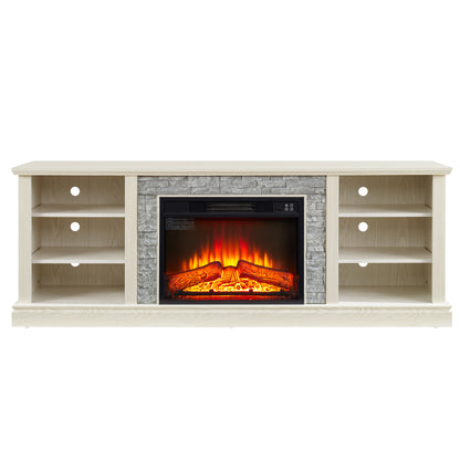 Large Faux Stacked Stone TV Desk Storage Rack, Media Console Table with Large Storage Cabinet,Modern  TV Media Stand with 23" Fireplace Insert,White, 70.12"W*15.35"D*25.83"H