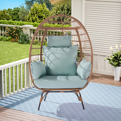 Wicker Egg Chair, Oversized Indoor Outdoor Lounger for Patio, Backyard, Living Room w/ 5 Cushions, Steel Frame,  - Light Blue