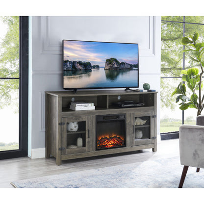 Modern Farmhouse TV Stand with Electric Fireplace, Fit up to 65" Flat Screen TV with Storage Cabinet and Adjustable Shelves Industrial Entertainment Center for Living Room, Grey