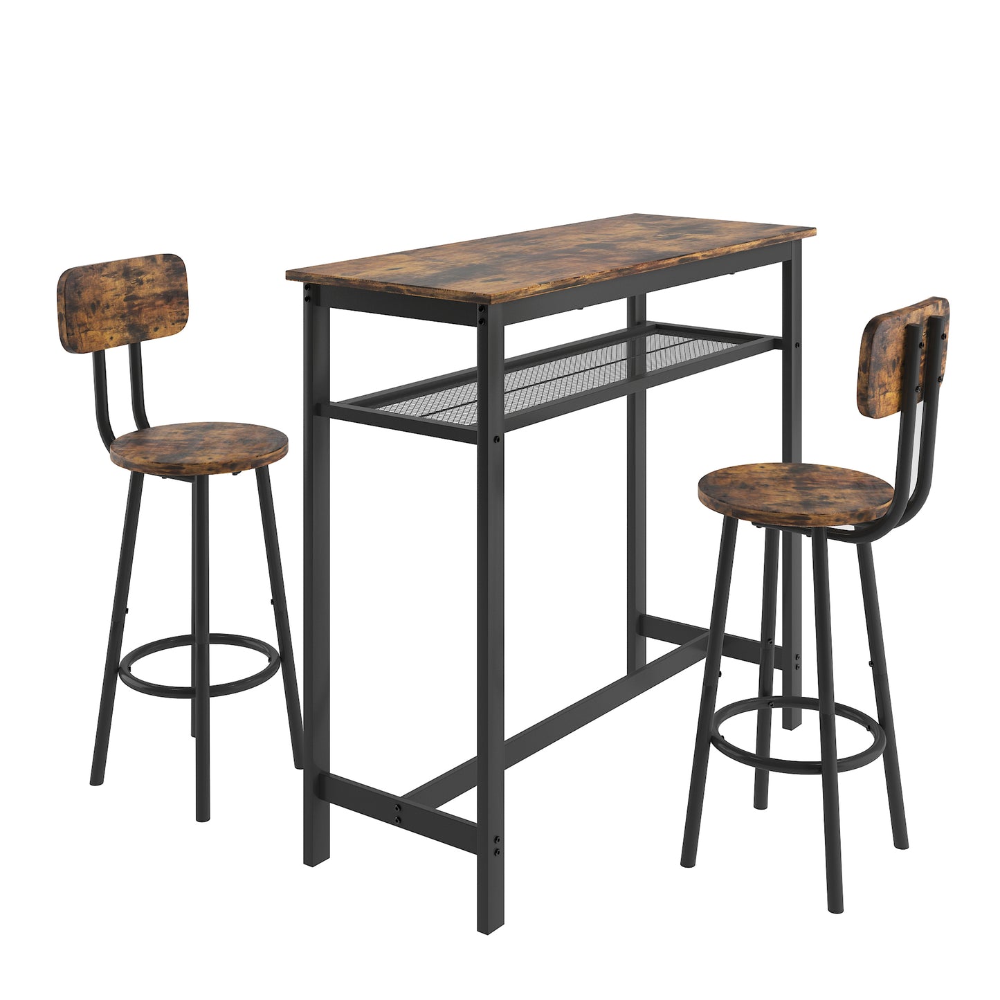 Bar table, equipped with 2 bar stools , with backrest and partition (Rustic Brown)