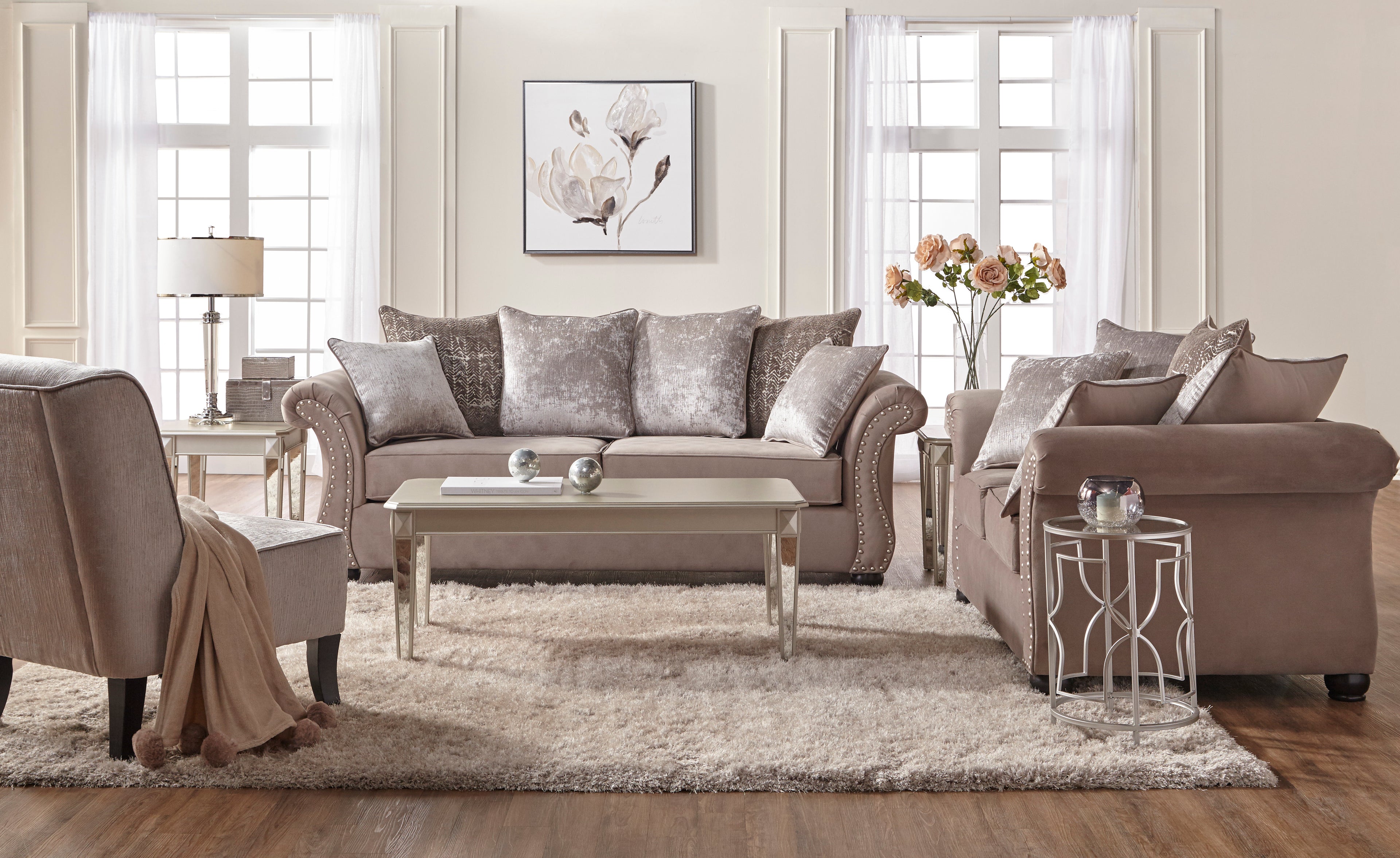 Cosmos Putty Glam And Silver Sofa and Loveseat