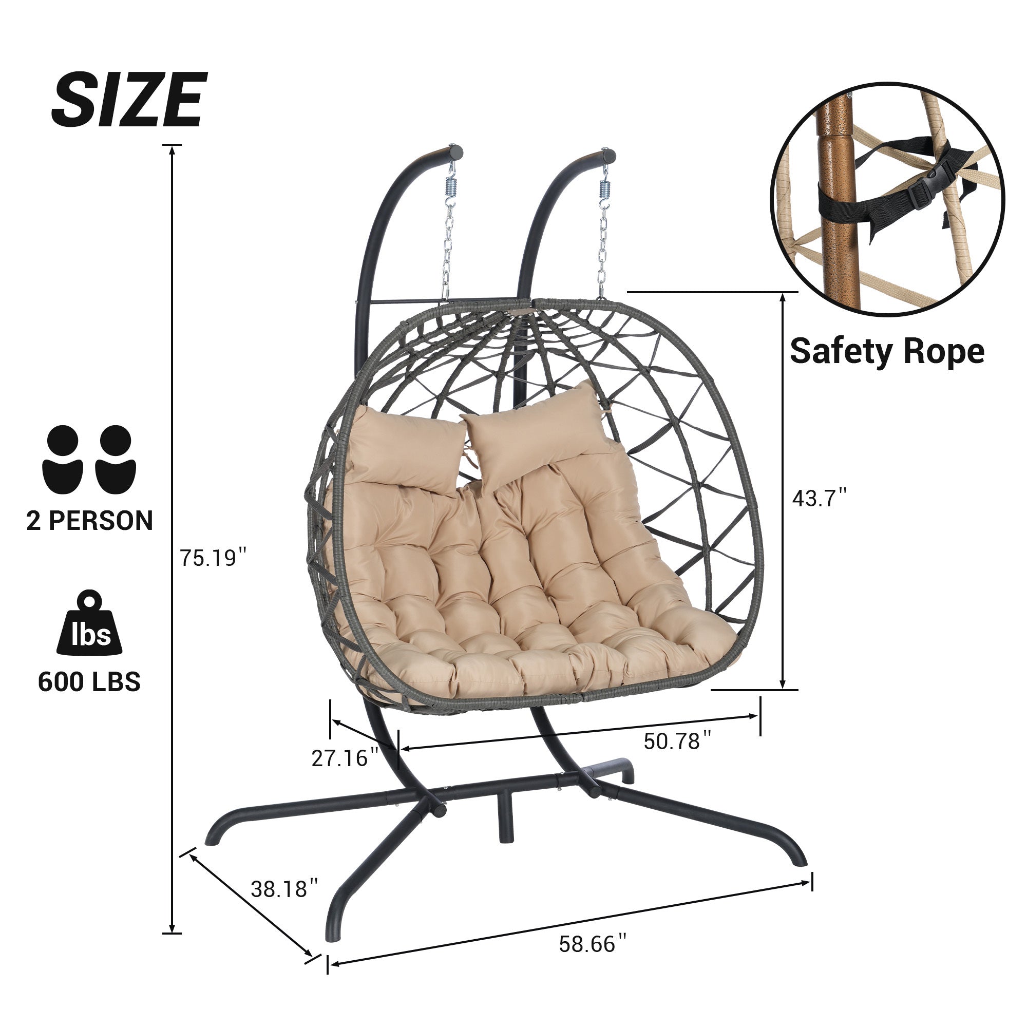 2 Person Outdoor Rattan Hanging Chair Patio Wicker Egg Chair