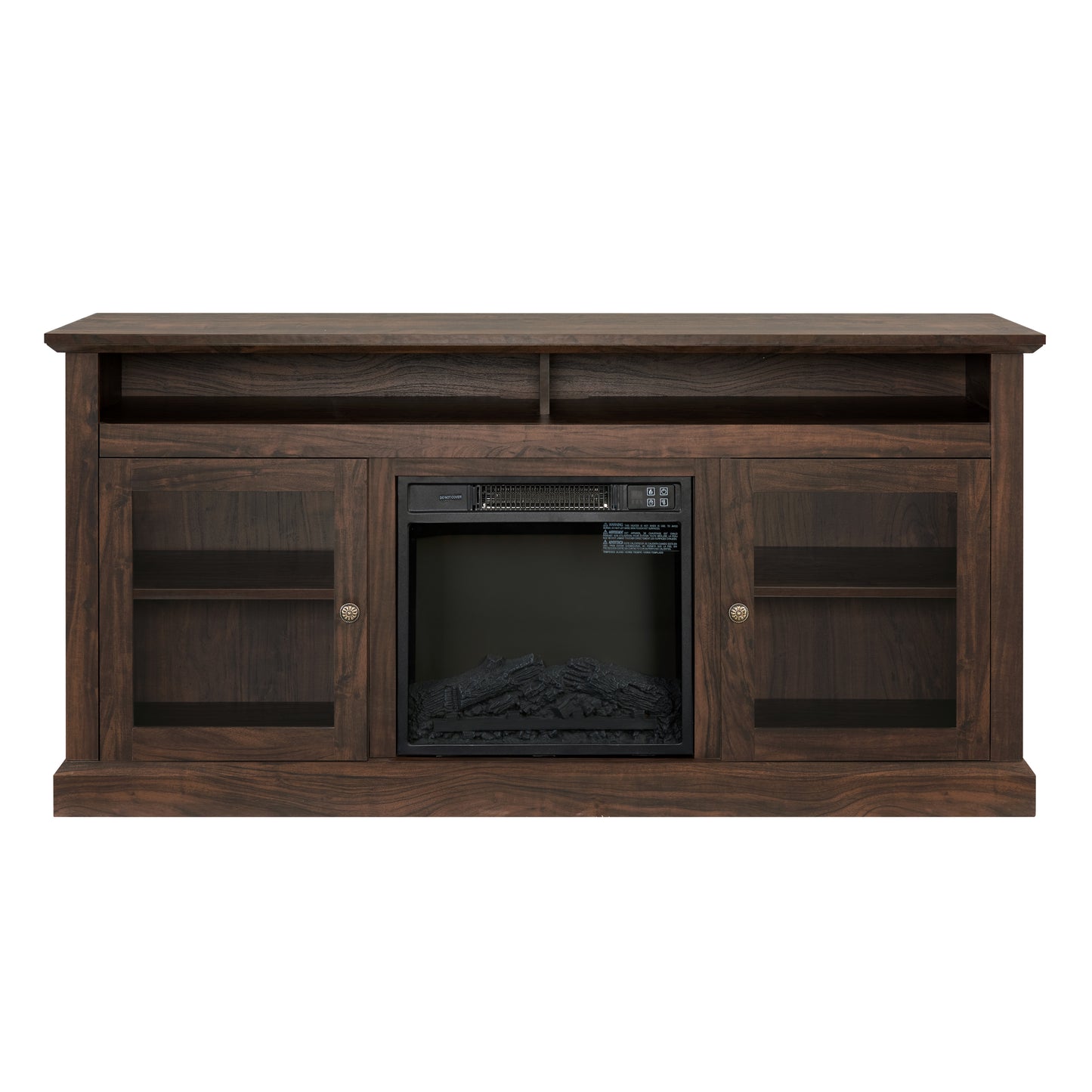 Contemporary TV Media Stand Modern Entertainment Console with 18" Fireplace Insert for TV Up to 65" with Open and Closed Storage Space, Brown, 60"W*15.75"D*29"H