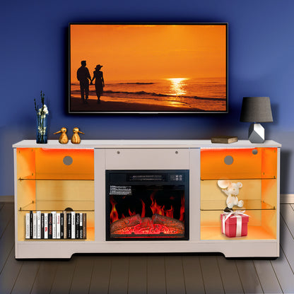 Fireplace TV Stand With 18 Inch Electric Fireplace Heater,Modern Entertainment Center for TVs up to 62 Inch With Adjustable Glass Shelves and Storage Cabinets  ( White )