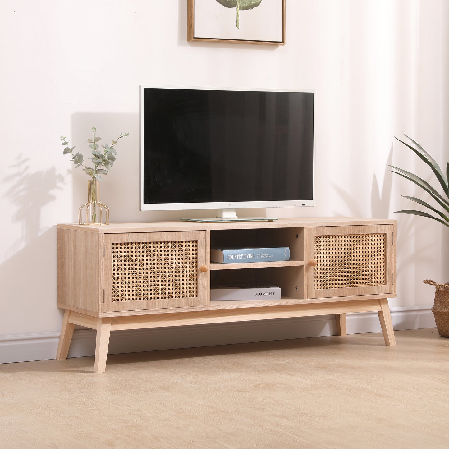 TV Stand for 55 Inch TV, Entertainment Center with Adjustable Shelf,Real Rattan TV Console with 2 Cabinets, Media Console, Solid Wood Feet, 2 Cord Holes, for Living Room - Natural