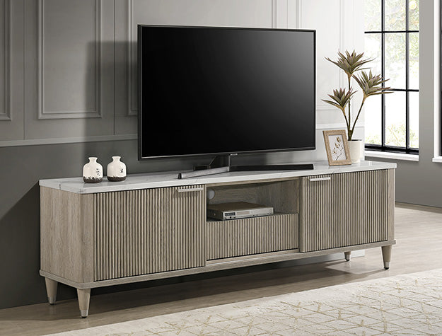 Neutral Driftwood and White Marble Entertainment Center