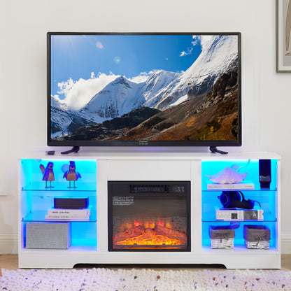 TV Stand Electric Fireplace  Glass Shelves, 3D Fireplace TV Stand with LED Lights Wood with USB Charging Outlet Modern Television Table Center for TV up to 62" White, 58''W*15.5''D*24.4