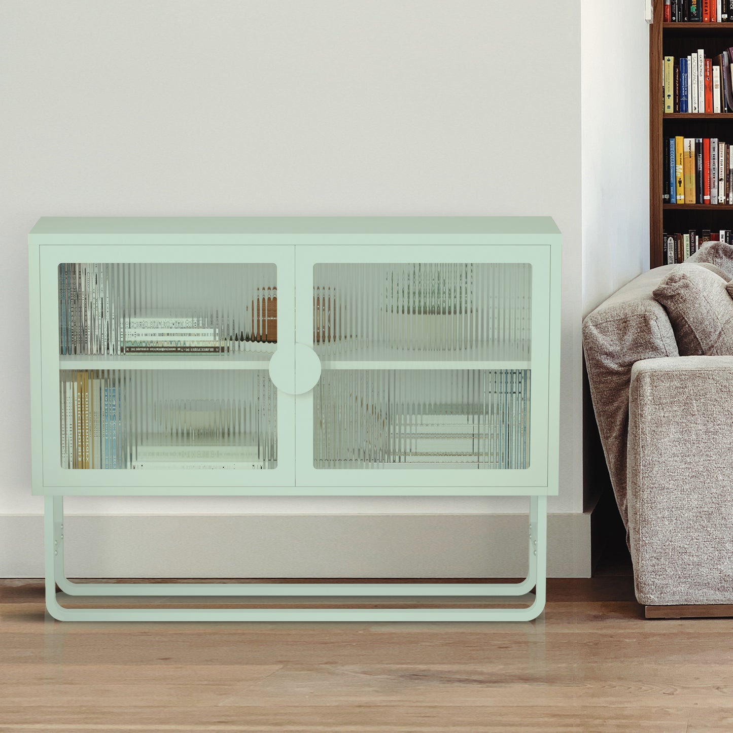 Stylish Tempered Glass Cabinet Credenza with 2 Fluted Glass Doors Adjustable Shelf U-shaped Leg Anti-Tip Dust-free Enclosed Cupboard for Kitchen Living Room Light Green