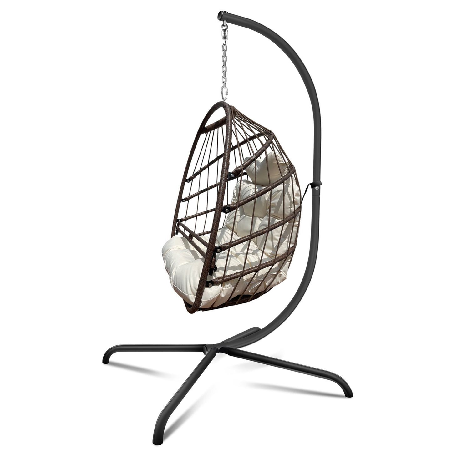 Swing Egg Chair with Stand Indoor Outdoor Wicker Rattan Patio Basket Hanging Chair with C Type bracket , with cushion and pillow,Patio Wicker folding Hanging Chair( Special construction cup holder