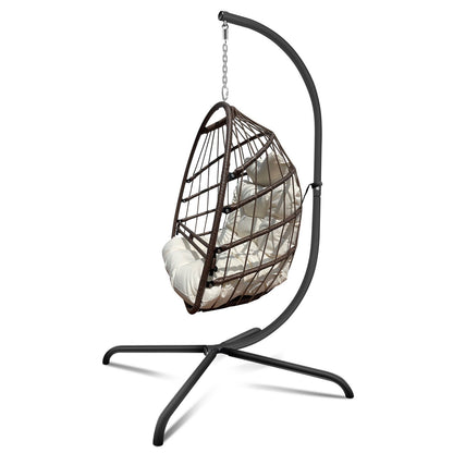 Swing Egg Chair with Stand Indoor Outdoor Wicker Rattan Patio Basket Hanging Chair with C Type bracket , with cushion and pillow,Patio Wicker folding Hanging Chair( Special construction cup holder