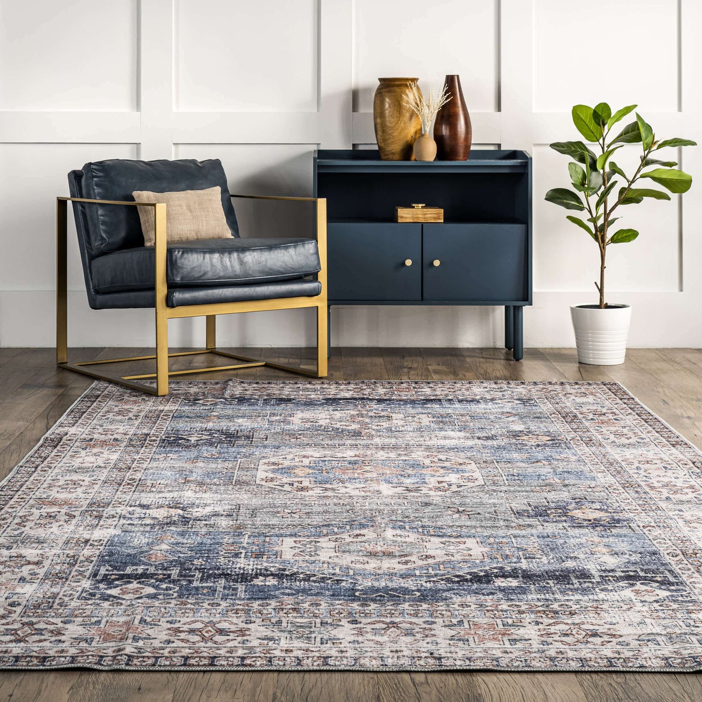 Drina Machine Washable Distressed Area Rug: Blue / Rectangle / 5' x 8'