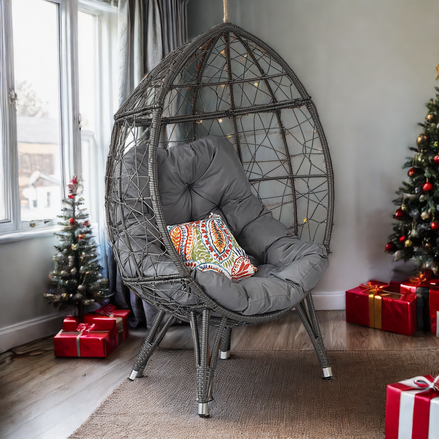 Outdoor Patio Wicker Egg Chair Indoor Basket Wicker Chair with Grey Cusion for Backyard Poolside