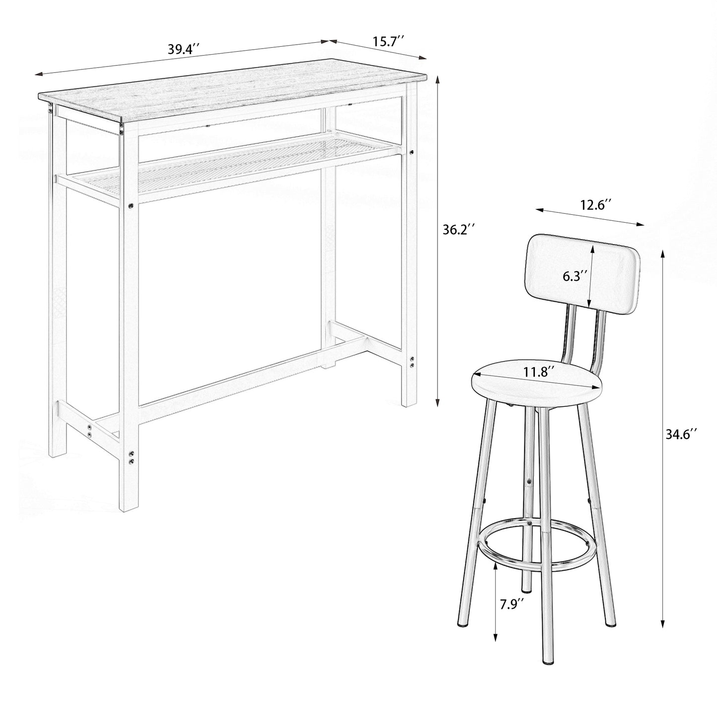 Bar table, equipped with 2 bar stools , with backrest and partition (Rustic Brown)