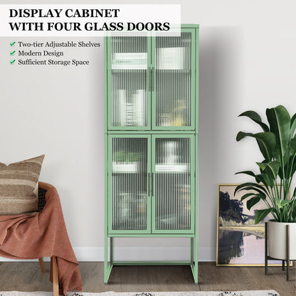 Stylish 4-Door Tempered Glass Cabinet with 4 Glass Doors Adjustable Shelves U-Shaped Leg Anti-Tip Dust-free Fluted Glass Kitchen Credenza Light Green