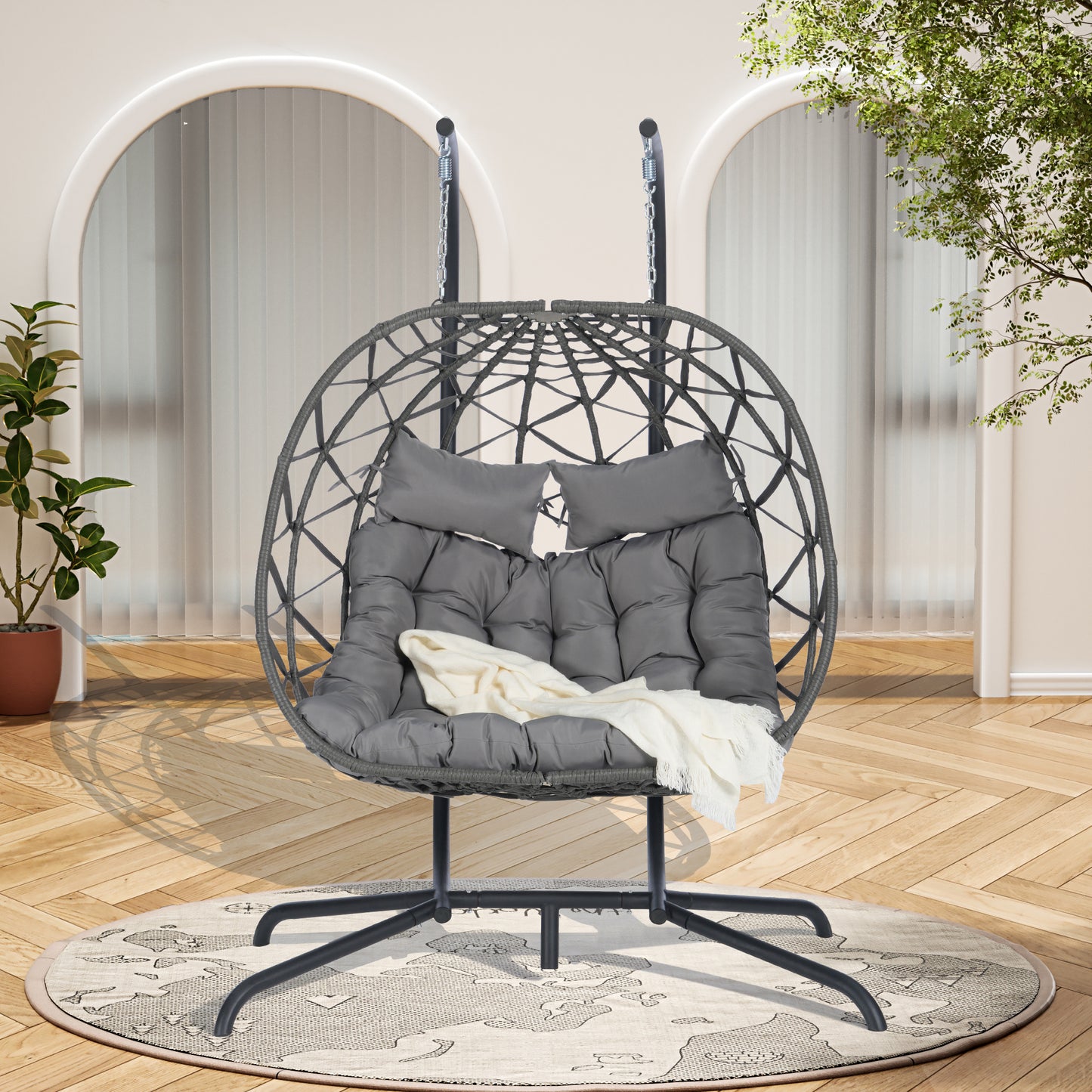 2 Person Outdoor Rattan Hanging Chair Patio Wicker Egg Chair