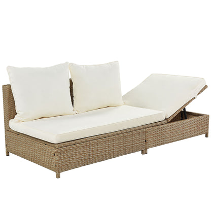 Patio 3-Piece Rattan Sofa Set All Weather PE Wicker Sectional Set with Adjustable Chaise Lounge Frame and Tempered Glass Table, Natural Brown