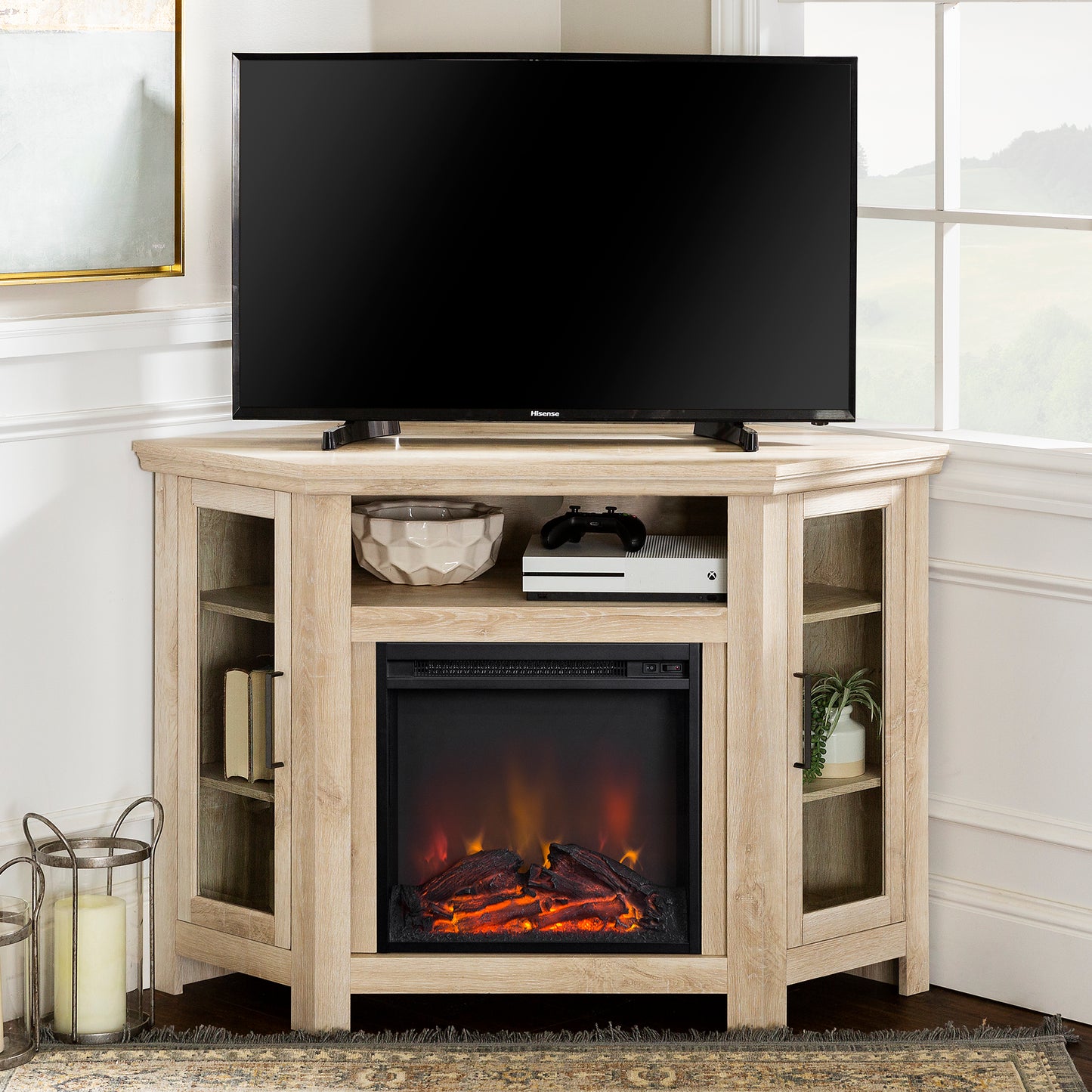 Classic Glass-Door Fireplace TV Stand for TVs up to 55" - White Oak