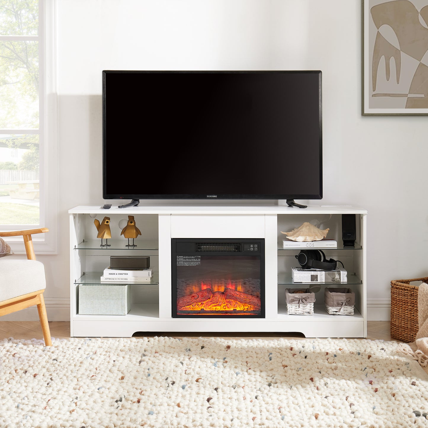 TV Stand Electric Fireplace  Glass Shelves, 3D Fireplace TV Stand with LED Lights Wood with USB Charging Outlet Modern Television Table Center for TV up to 62" White, 58''W*15.5''D*24.4