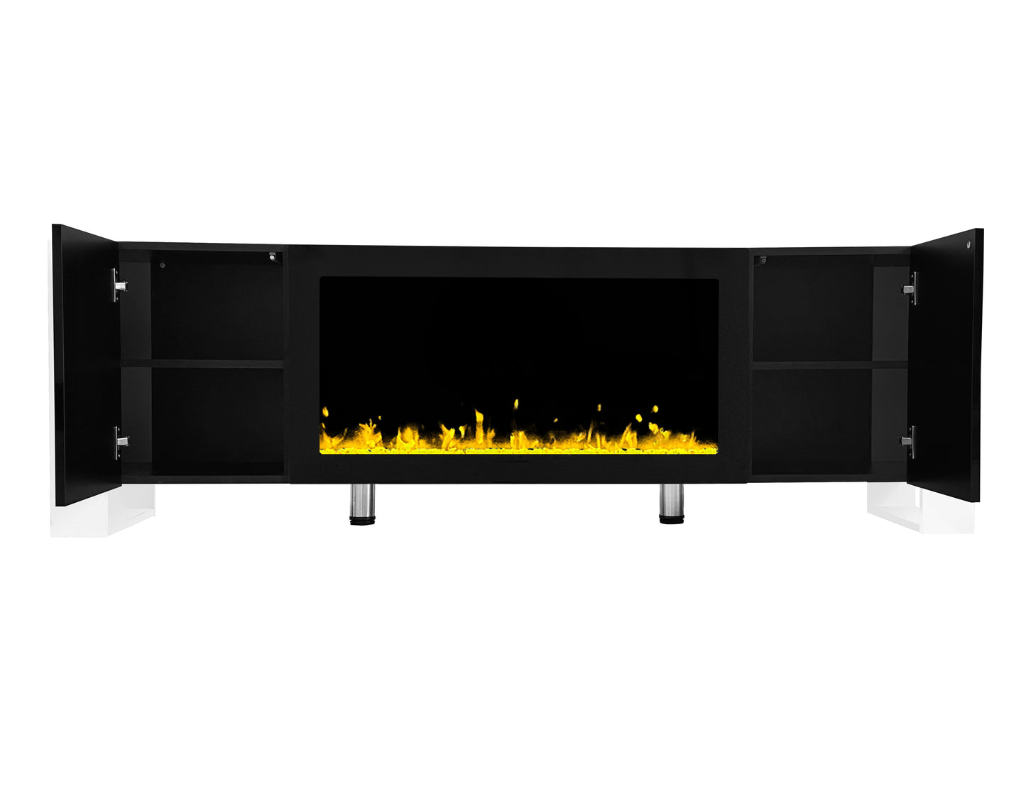 ON-TREND Modern TV Stand with 34.2" Non-heating Electric Fireplace, High Gloss Entertainment Center with 2 Cabinets, Media Console for TVs up to 78", Black