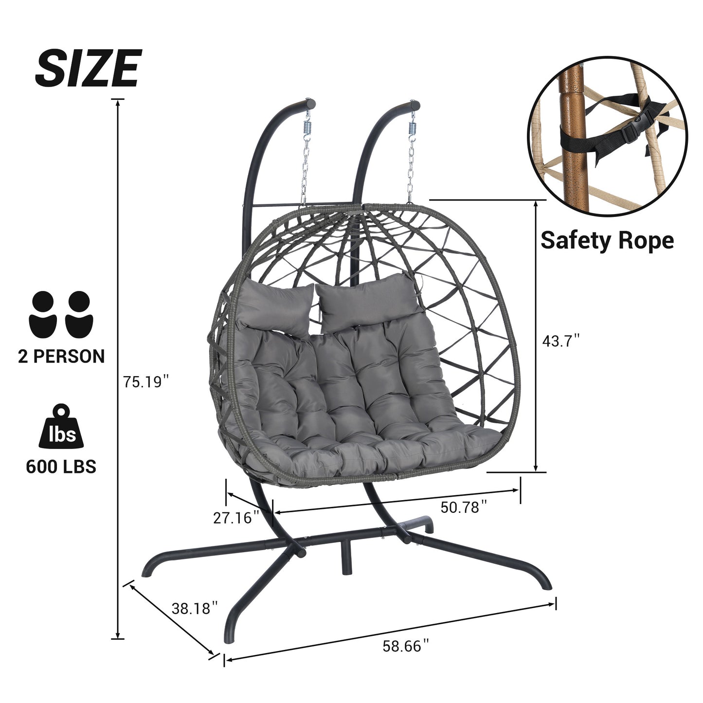 2 Person Outdoor Rattan Hanging Chair Patio Wicker Egg Chair