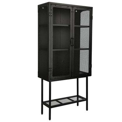 Industrial Cabinet Cupboard with 2 Metal Mesh Doors Adjustable Shelves and Feet Bottom Shelf Anti-Tip Dust-free Kitchen Credenza Sideboard Black