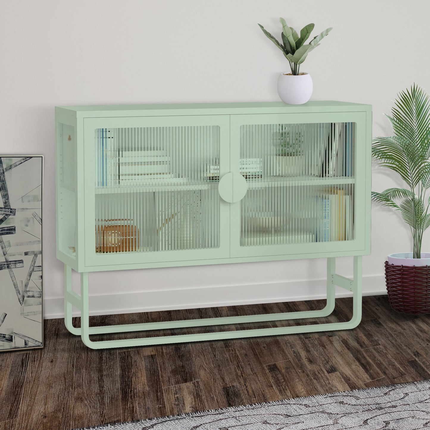 Stylish Tempered Glass Cabinet Credenza with 2 Fluted Glass Doors Adjustable Shelf U-shaped Leg Anti-Tip Dust-free Enclosed Cupboard for Kitchen Living Room Light Green