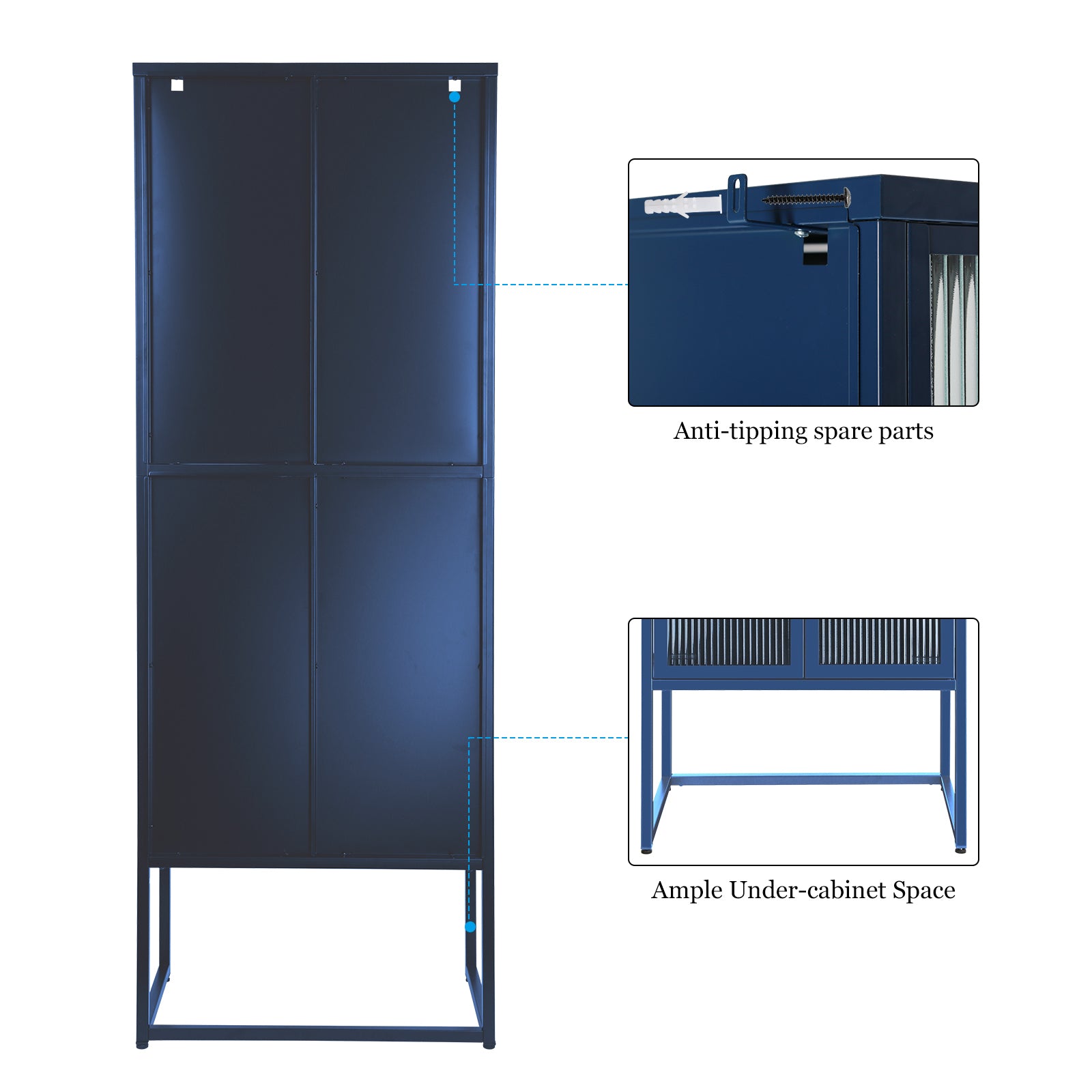 Stylish 4-Door Tempered Glass Cabinet with 4 Glass Doors Adjustable Shelves U-Shaped Leg Anti-Tip Dust-free Fluted Glass Kitchen Credenza Blue