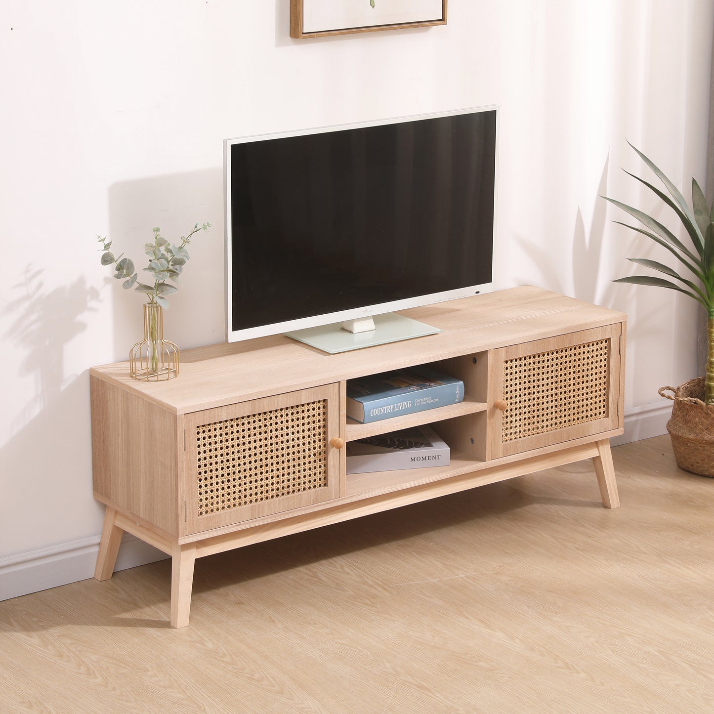 TV Stand for 55 Inch TV, Entertainment Center with Adjustable Shelf,Real Rattan TV Console with 2 Cabinets, Media Console, Solid Wood Feet, 2 Cord Holes, for Living Room - Natural