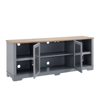 Modern Farmhouse TV Media Stand, Large Home Entertainment Console, for TV Up to 80'', with Open Shelves and Glass Door Cabinets, Light Blue and Light Oak, 70"W*15.55"D*26.85"H