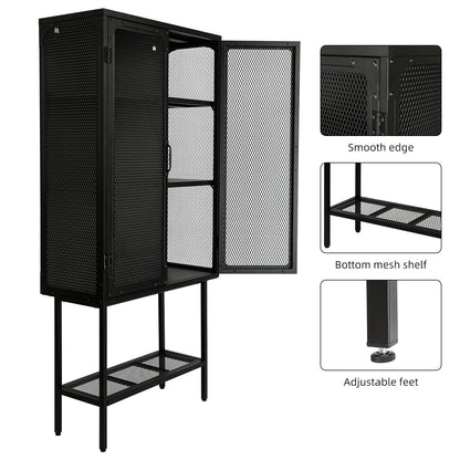 Industrial Cabinet Cupboard with 2 Metal Mesh Doors Adjustable Shelves and Feet Bottom Shelf Anti-Tip Dust-free Kitchen Credenza Sideboard Black