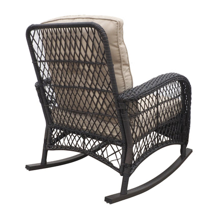 3 Pieces Conversation Set, Outdoor Wicker Rocker Patio Bistro Set, Rocking Chair with Glass Top Side Table